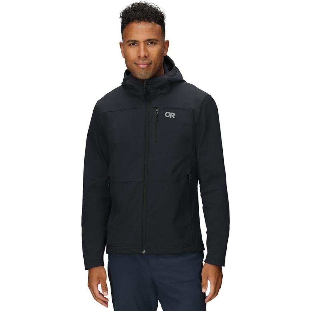 imageOutdoor Research Mens Ultima Softshell Hoodie  Wind ampamp Water Resistant Abrasion Resistant Zippered Pockets UPF 50Black