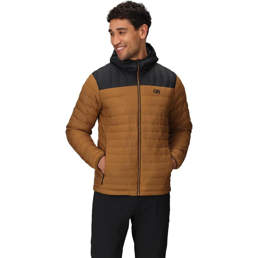 imageOutdoor Research Mens Transcendent Down Hoodie Jacket  Water amp Wind Resistant Insulated Lightweight Standard FitBronzeBlack