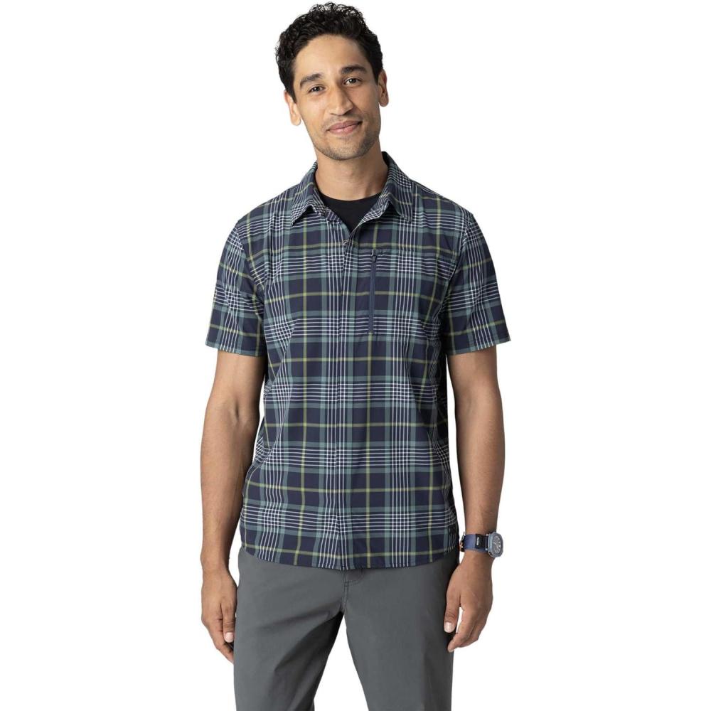 imageOutdoor Research Mens Astroman Short Sleeve Sun Shirt  Lightweight UPF 30 Snap Button Hiking Top Breathable amp StretchyDark Navy Plaid